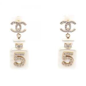 Chanel Coco Mark No. 5 Perfume Bottle Earrings, Gold-Plated Plastic with Rhin...